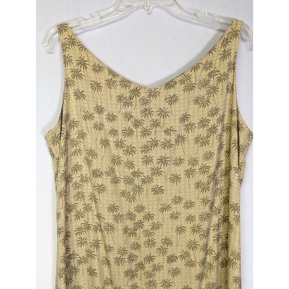 Vintage Tori Richard Honolulu Hawaiian Maxi Dress 16 Tan Green Palm Print Slits - Picture 1 of 11